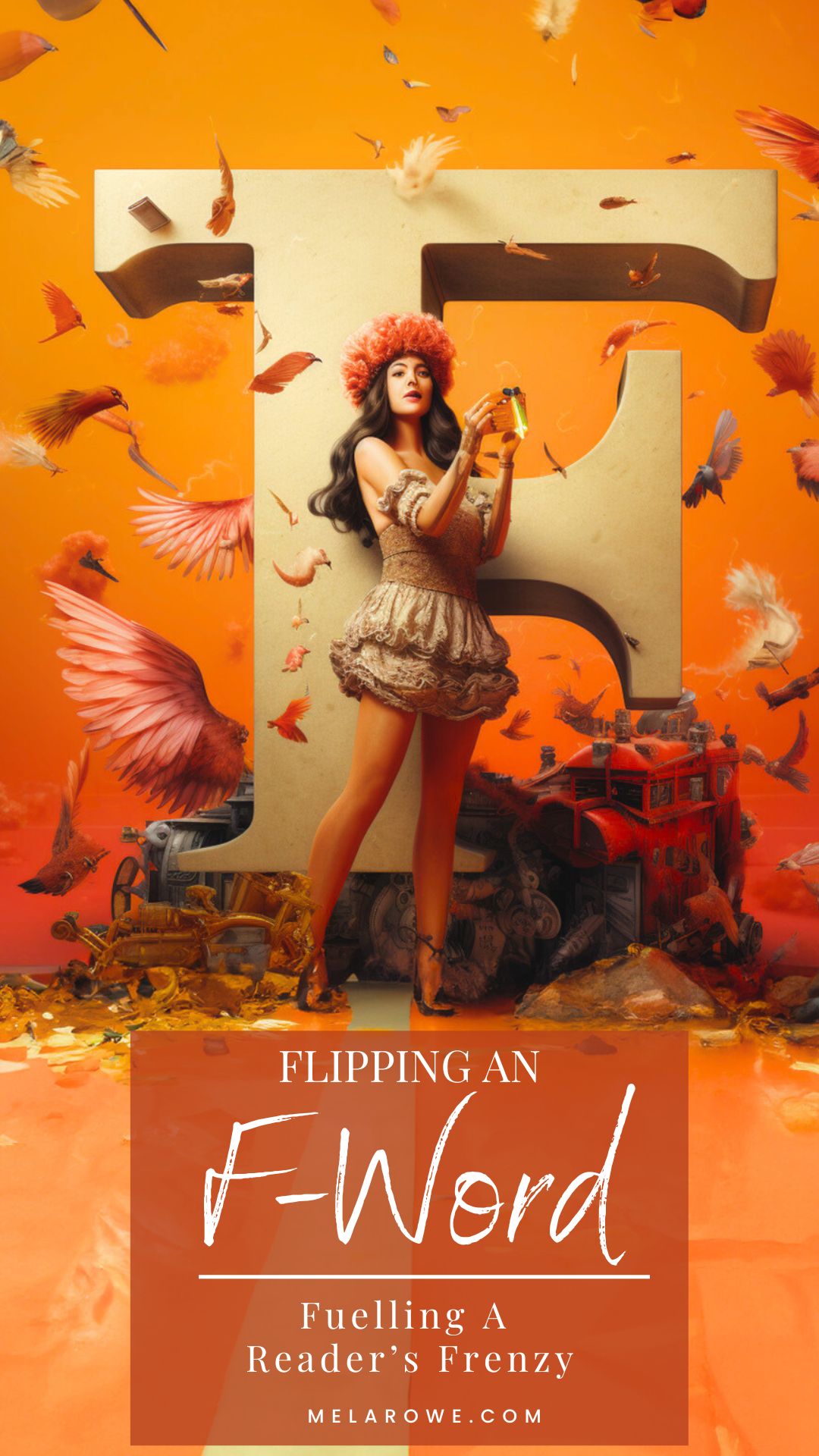 A woman stands in front of the letter F for F-word and firetruck